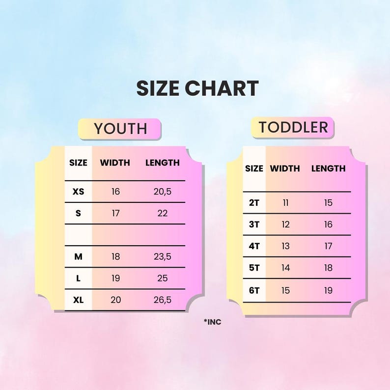 May include: A size chart for youth and toddler clothing. The chart shows the size, width in inches, and length in inches for each size. The youth sizes are XS, S, M, L, and XL. The toddler sizes are 2T, 3T, 4T, 5T, and 6T.