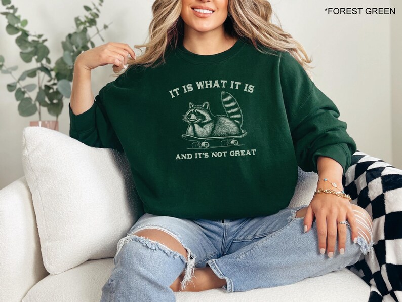 May include: A forest green sweatshirt with a graphic of a raccoon skateboarding and the text "It is what it is and it's not great."