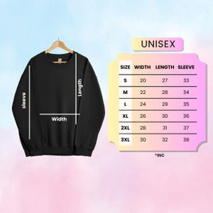 May include: Black unisex sweatshirt with size chart showing width, length, and sleeve measurements in inches. The chart shows sizes S through 3XL.