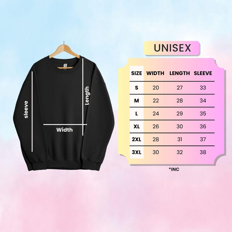 May include: Black unisex sweatshirt with size chart showing width, length, and sleeve measurements in inches. The chart shows sizes S through 3XL.