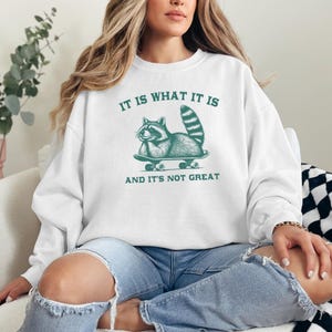 May include: White sweatshirt with a green raccoon graphic skateboarding and the text "It is what it is and it's not great."