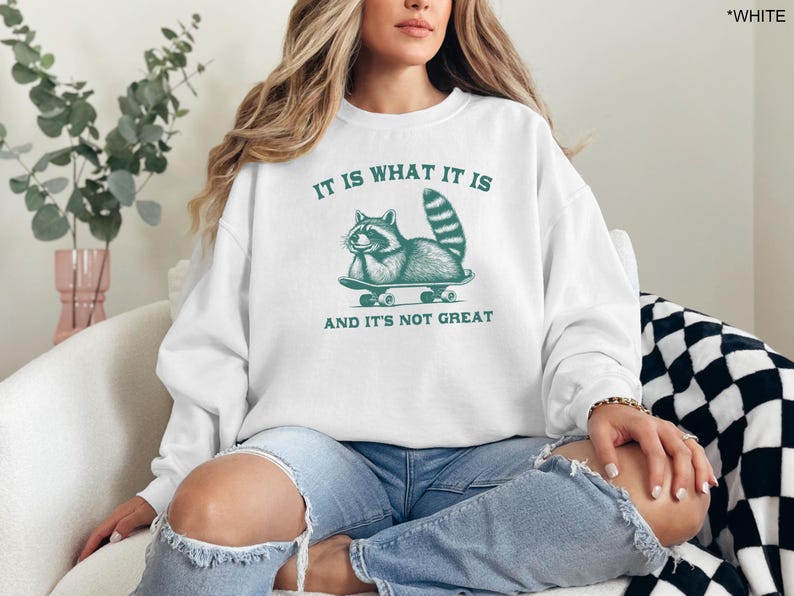 May include: White sweatshirt with a green raccoon graphic skateboarding and the text "It is what it is and it's not great."