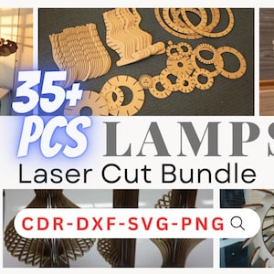 Puede incluir: Una colección de diseños de lámparas cortadas con láser, que incluyen una lámpara de mesa, una linterna y varios elementos decorativos. La imagen presenta el texto "35+ PCS LAMPS Laser Cut Bundle" y opciones de formato de archivo. Las lámparas son de madera y son adecuadas para la decoración del hogar.