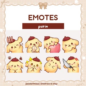 Op de afbeelding: Een verzameling van acht cartoon-emotes met een geel karakter met een bruine baret. De emotes tonen verschillende uitdrukkingen, waaronder een groet, het vasthouden van een drankje, een hart en een mes. Het woord "EMOTES" staat bovenaan.