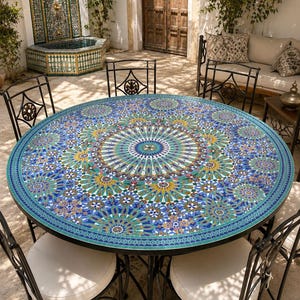 May include: A round dining table featuring a vibrant mosaic tile top with intricate blue, green, and yellow geometric patterns. The table is supported by a black metal frame and is surrounded by four black metal chairs with white cushions.