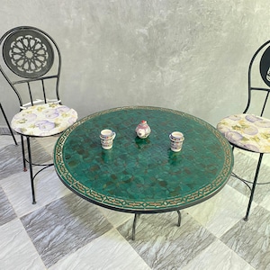 Green Moroccan Zellige Mosaic Dining Table, Handmade Round Patio Furniture