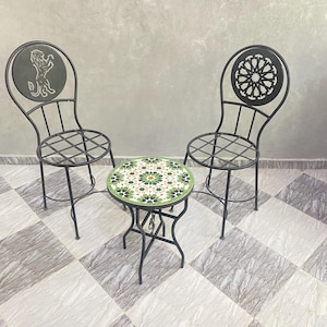 Handmade Moroccan Zellige Tile Table Set: Green Mosaic Patio Furniture