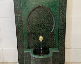 Handcrafted Moroccan Zellige Fountain, Green Mosaic Freestanding Floor Water Feature, Indoor Outdoor Garden