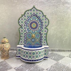 Handmade Moroccan Mosaic Wall Fountain Custom Blue & Green Tile Water Feature for Garden, Patio, or Courtyard