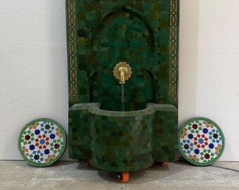 Handmade Moroccan Zellige Fountain – Green Mosaic Wall Decor with Brass Spout