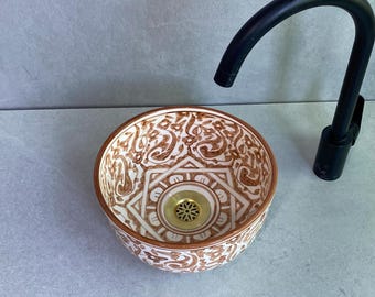 Handmade Moroccan Pottery Sink – Camel Brown Artisanal Vessel