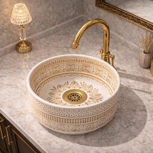 Puede incluir: Un lavabo decorativo de cerámica blanca y dorada con un intrincado diseño. El lavabo es redondo y está sobre una encimera de mármol, junto a un grifo dorado y una pequeña lámpara. El desagüe del lavabo es dorado.