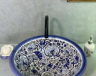 Handmade Moroccan Pottery Sink Blue White Round Basin Free Drain Free Soap Dish