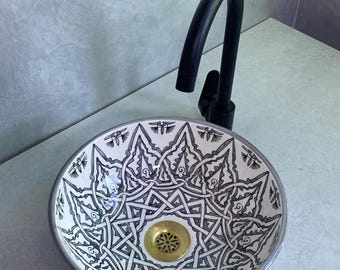Handmade Moroccan Pottery Sink – Black Geometric Artisan Basin