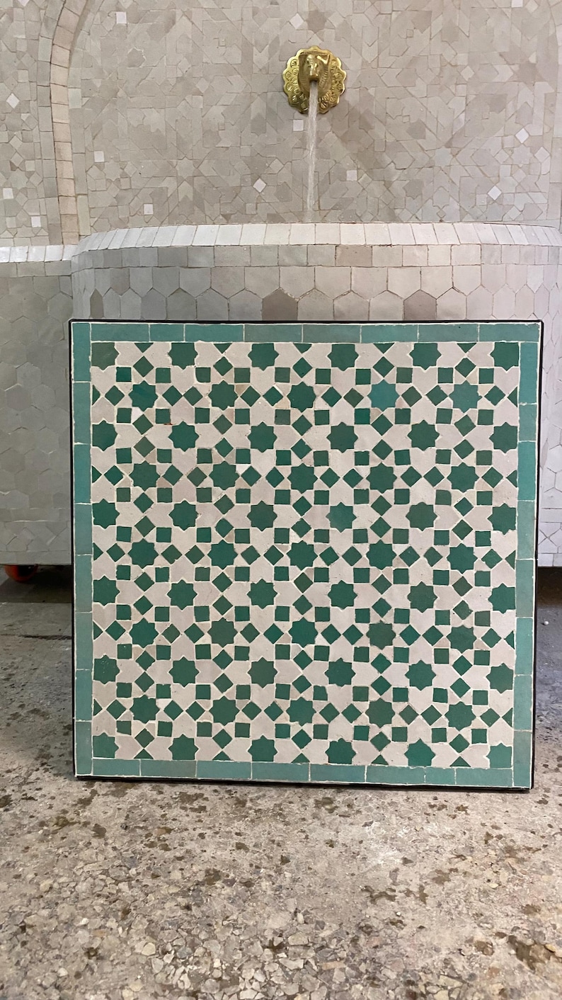 Square Moroccan Zellige Table – Green & White Geometric Mosaic ...