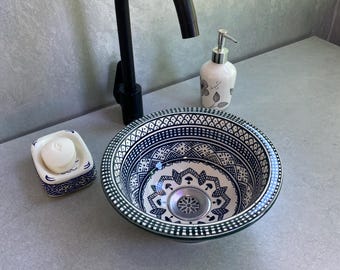 Handmade Free Drain Free Soap Dish Moroccan Pottery Sink Blue White Art Basin