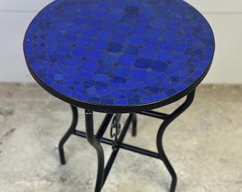 Handcrafted Moroccan Zellige Mosaic Table, Royal Blue Garden Courtyard Accent