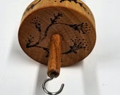 Wooden Top Whorl Drop Spindle- Thistle Pyrography on Oak 2 oz.