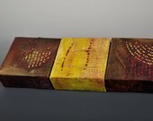 SALE: Triptych Painting on Canvas (3) 4"x4" with Fiber Stitching "Planets Collide- Bronze & Gold"