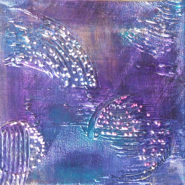 SALE: Painting on Canvas with Fiber Stitching 8"x 8" "Planet Topography & Texture Series- Violet I