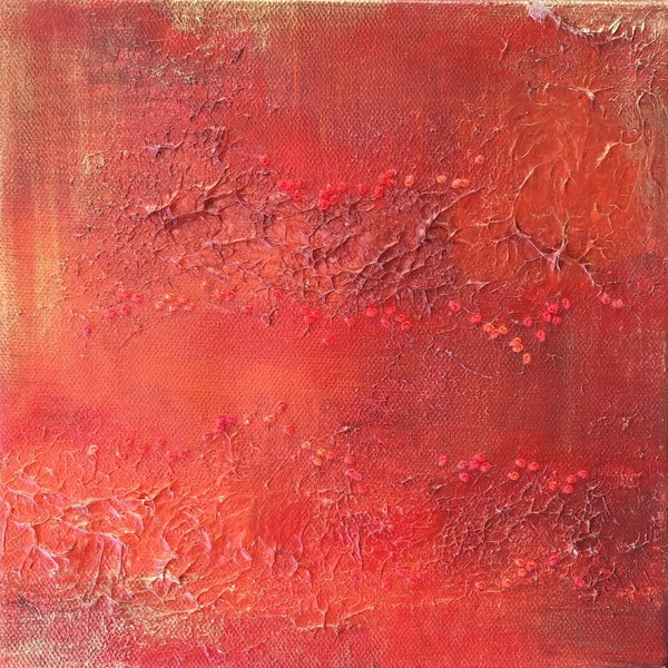 SALE: Painting on Canvas with Fiber Stitching 8"x 8" "Planet Topography & Texture Series- Deep Orange