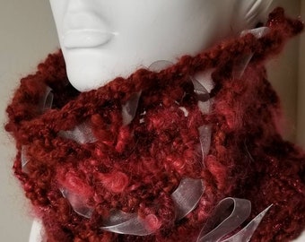 Neck-warmer, Red with Grey Ribbons, Wool and Alpaca, Chunky Knit, One Size. The Heart Wants What the Heart Wants