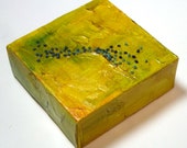 SALE: Painting on Canvas 4"x4" with Fiber Stitching "Yellow Planetary Seed I"