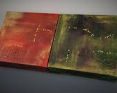 SALE: Diptych Painting on Canvas (2) 6"x6" with Fiber Stitching "Orange-Green"