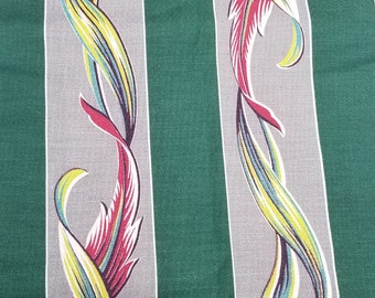 Vintage Barkcloth Fabric: Cotton Leaf Print- Green, Gray and Magenta
