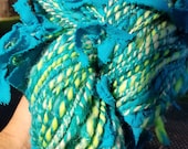 Art Yarn- Teal Ribbon: Handspun Wool with Cotton Embellishment