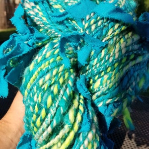 Art Yarn Teal Ribbon: Handspun Wool with Cotton Embellishment image 1