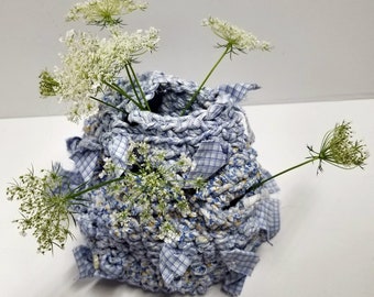 Shirt-Waste 2 Sculptural Vessel, Crocheted - Blue and White