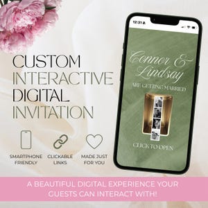 Puede incluir: Un teléfono inteligente que muestra una invitación de boda digital interactiva personalizada con un fondo verde texturizado, el texto Connor & Lindsay ARE GETTING MARRIED, una tira de fotos y un botón CLICK TO OPEN, junto a texto descriptivo.