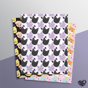 Può includere: Tre fogli di carta da regalo con motivi diversi. Il primo foglio ha un motivo di faccia di gatto viola e nero. Il secondo foglio ha uno sfondo giallo con un motivo di faccia di cane di cartone animato. Il terzo foglio ha uno sfondo blu con un motivo di faccia di coniglio di cartone animato.