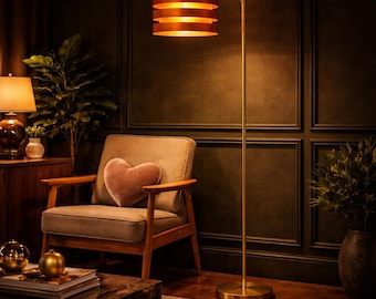 Mid Century Modern Floor Lamp, Layered Wood Shade, Customizable Tall Brass Standing Light,