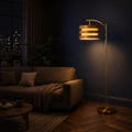 Mid Century Modern Floor Lamp, Layered Wood Shade, Customizable Tall Brass Standing Light,