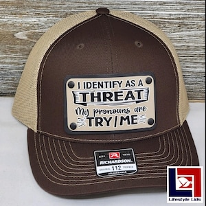 Custom Try Me Trucker Hat| Aluminum & Leather | Funny Hat | Blue Collar | 112 and 6606