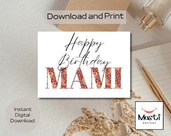 Printable Happy Birthday Mami Card | Instant Download | Multicolour Stripe Design | DIY Greeting Card for Aunty