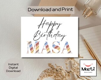 Printable Happy Birthday Masa Card | Instant Download | Multicolour Stripe Design | DIY Greeting Card for Uncle