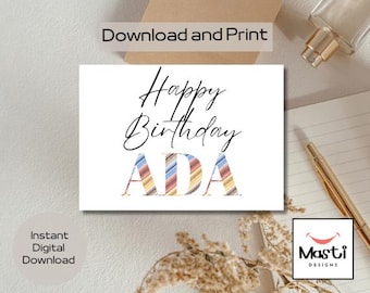Printable Happy Birthday Ada Card | Instant Download | Multicolour Stripe Design | DIY Greeting Card for Uncle
