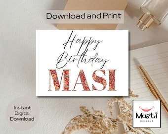 Printable Happy Birthday Masi Card | Instant Download | Multicolour Stripe Design | DIY Greeting Card for Aunty