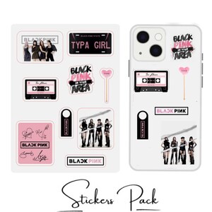 May include: A white phone case and a collection of stickers featuring the text "BLACKPINK" and images of the band members. The stickers include a cassette tape, a license plate that says "TYPA GIRL", and a heart-shaped lollipop.