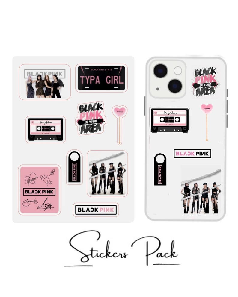 May include: A white phone case and a collection of stickers featuring the text "BLACKPINK" and images of the band members. The stickers include a cassette tape, a license plate that says "TYPA GIRL", and a heart-shaped lollipop.