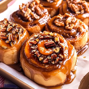 Könnte beinhalten: Nahaufnahme eines Tellers mit Pecan-Karamell-Brötchen. Die Brötchen sind mit Pekannüssen und einer reichhaltigen Karamellsauce überzogen.