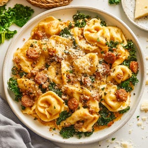 Könnte beinhalten: Ein weißer Teller gefüllt mit einem Pastagericht mit Tortellini, Grünkohl und einer cremigen Sauce. Das Gericht ist mit geriebenem Käse bestreut.