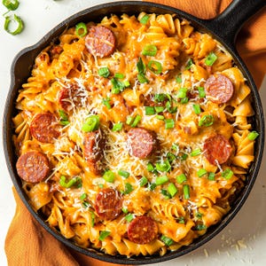 Könnte beinhalten: Eine Nahaufnahme einer Bratpfanne gefüllt mit Pasta, Wurst und Käse. Die Pasta ist al dente gekocht und in einer cremigen Sauce geschwenkt. Die Wurst ist in Scheiben geschnitten und gebräunt, und der Käse ist geschmolzen und sprudelt. Das Gericht ist mit gehackten Frühlingszwiebeln garniert.