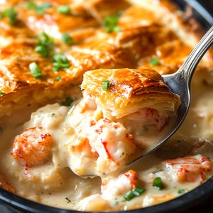 May include: A close-up of a creamy lobster pot pie with a flaky golden brown crust. A spoonful of the pie is being lifted out of the dish, revealing the creamy filling and chunks of lobster.