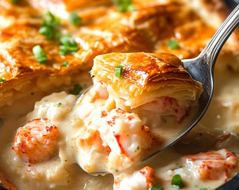Puede incluir: Un primer plano de una empanada de langosta cremosa con una corteza dorada y escamosa. Una cucharada de la empanada se levanta del plato, revelando el relleno cremoso y trozos de langosta.