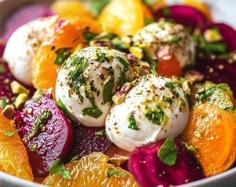 Healthy Roasted Beet and Burrata Salad Recipe with Citrus & Basil Oil, PDF Download, Healthy Lunch, Dinner Parties, Date Night, Summer BBQ
