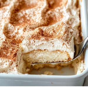 May include: A white cake with a layer of whipped cream and a dusting of cocoa powder. A slice of the cake is being lifted out of a white baking dish with a spatula.
